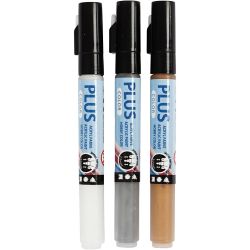 Feutres Plus Color, L : 14,5 cm, trait 1-2 mm, or, argent, blanc cass&eacute;, 5,5 ml, 3 pi&egrave;ces/ 1 Pq.