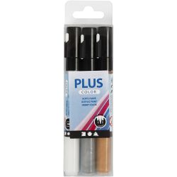 Feutres Plus Color, L : 14,5 cm, trait 1-2 mm, or, argent, blanc cassé, 5,5 ml, 3 pièces/ 1 Pq.