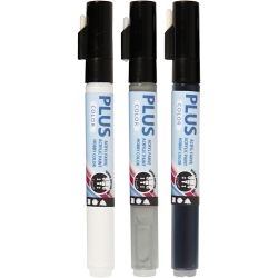 Feutres Plus Color, L : 14,5 cm, trait 1-2 mm, noir, blanc cass&eacute;, rain grey, 5,5 ml, 3 pi&egrave;ces/ 1 Pq.