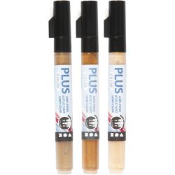 Feutres Plus Color, L : 14,5 cm, trait 1-2 mm, beige clair, or, raw sienna, 5,5 ml, 3 pi&egrave;ces/ 1 Pq.