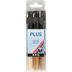 Feutres Plus Color, L : 14,5 cm, trait 1-2 mm, beige clair, or, raw sienna, 5,5 ml, 3 pi&egrave;ces/ 1 Pq.