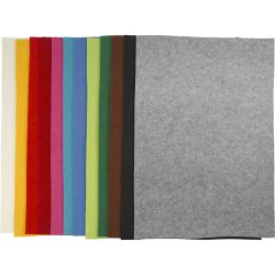 Feutrine synth&eacute;tique, A2, feuille 420x594 mm, &eacute;p. 3 mm, ass. de couleurs, 12 flles ass./ 1 Pq.