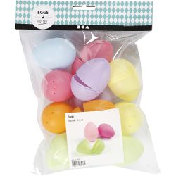Oeufs, H : 6 cm, d 4 cm, couleurs pastel, 12 pièces/ 1 Pq.