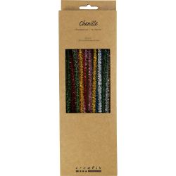 Fil chenille, L : 30 cm, &eacute;p. 6 mm, paillettes, Couleurs vives, 24 ass./ 1 Pq.