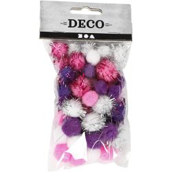 Pompons, d 15+20 mm, violet, rose clair, blanc, 48 pi&egrave;ces/ 1 Pq.