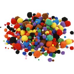 Pompons, d 5-40 mm, ca. 150 pi&egrave;ce, ass. de couleurs, 42 gr/ 1 Pq.