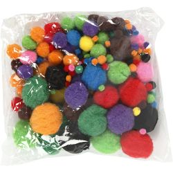 Pompons, d 5-40 mm, ca. 150 pièce, ass. de couleurs, 42 gr/ 1 Pq.