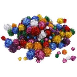 Pompons scintillants, d 15-40 mm, paillettes, ca. 90 pi&egrave;ce, Couleurs vives, 62 gr/ 1 Pq.