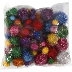 Pompons scintillants, d 15-40 mm, paillettes, ca. 90 pi&egrave;ce, Couleurs vives, 62 gr/ 1 Pq.