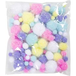 Pompons, d 15-40 mm, paillettes, ca. 75 pi&egrave;ce, couleurs pastel, 62 gr/ 1 Pq.