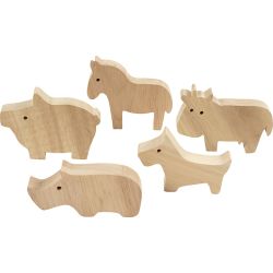 Animaux en bois, Ferme, H : 4,5-8,7 cm, &eacute;p. 2 cm, 10 pi&egrave;ces/ 1 Pq.