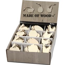 D&eacute;corations en bois, lapin, oeuf, poule, dim. 6 cm, &eacute;p. 3 mm, 200 pi&egrave;ces/ 1 Pq.