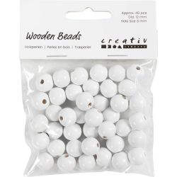 Perles en Bois, d 12 mm, diam&egrave;tre int&eacute;rieur 3 mm, ca. 40 pi&egrave;ce, blanc, 22 gr/ 1 Pq.