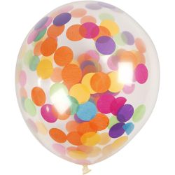 Ballons avec confettis, rond, d 23 cm, transparent, 4 pi&egrave;ces/ 1 Pq.