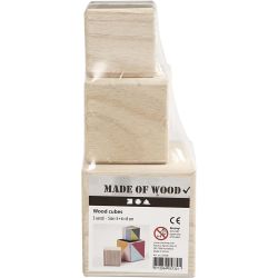 Cubes en bois, dim. 5+6+8 cm, 3 pi&egrave;ces/ 1 Pq.