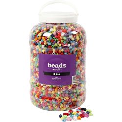 Seau de perles plastique, dim. 6-20 mm, diam&egrave;tre int&eacute;rieur 1,5-6 mm, ca. 8100 pi&egrave;ce, 3000 gr, 5700 ml/ 1 seau