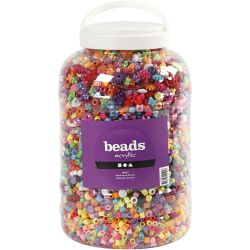 Seau de perles plastique, dim. 6-20 mm, diam&egrave;tre int&eacute;rieur 1,5-6 mm, ca. 8100 pi&egrave;ce, 3000 gr, 5700 ml/ 1 seau