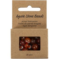Perles de pierres d'agate, d 6+8+10 mm, diam&egrave;tre int&eacute;rieur 0,9-1 mm, orange brul&eacute;, rouge, 28 pi&egrave;ces/ 1 Pq.