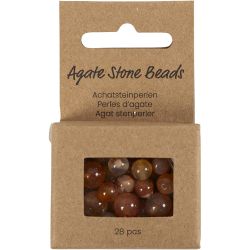 Perles de pierres d'agate, d 6+8+10 mm, diam&egrave;tre int&eacute;rieur 0,9-1 mm, brun clair, 28 pi&egrave;ces/ 1 Pq.