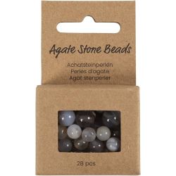 Perles de pierres d'agate, d 6+8+10 mm, diam&egrave;tre int&eacute;rieur 0,9-1 mm, gris transparent, 28 pi&egrave;ces/ 1 Pq.