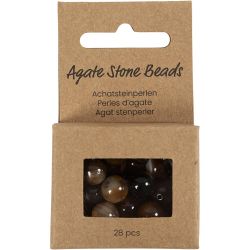 Perles de pierres d'agate, d 6+8+10 mm, diam&egrave;tre int&eacute;rieur 0,9-1 mm, brun fonc&eacute;, 28 pi&egrave;ces/ 1 Pq.