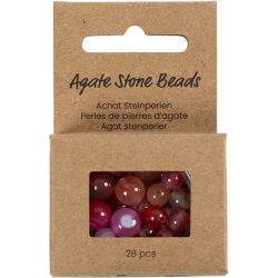 Perles de pierres d'agate, d 6+8+10 mm, diam&egrave;tre int&eacute;rieur 0,9-1 mm, beige, rose, 28 pi&egrave;ces/ 1 Pq.