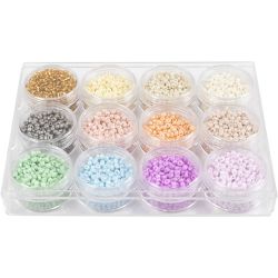 Perles de rocaille, d 3 mm, dim. 8/0, diam&egrave;tre int&eacute;rieur 0,6-1,0 mm, couleurs pastel, 12x17 gr/ 1 Pq.
