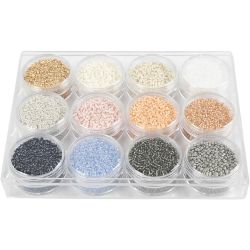 Perles de rocaille, d 1,7 mm, dim. 15/0, diam&egrave;tre int&eacute;rieur 0,5-0,8 mm, couleurs pastel, 12x15 gr/ 1 Pq.