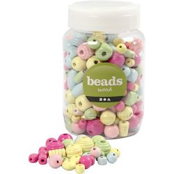 Perles en bois, d 10-15 mm, diam&egrave;tre int&eacute;rieur 3-5 mm, bleu clair, vert clair, rose clair, jaune clair, 400 ml/ 1 seau