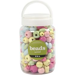 Perles en bois, d 10-15 mm, diam&egrave;tre int&eacute;rieur 3-5 mm, bleu clair, vert clair, rose clair, jaune clair, 400 ml/ 1 seau