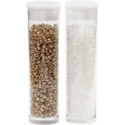 Perles de rocaille, d 1,7 mm, dim. 15/0, diam&egrave;tre int&eacute;rieur 0,5-0,8 mm, blanc, 2x7 gr/ 1 Pq.
