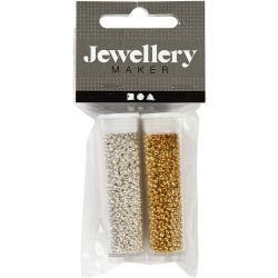 Perles de rocaille, d 1,7 mm, dim. 15/0, diam&egrave;tre int&eacute;rieur 0,5-0,8 mm, or, argent, 2x7 gr/ 1 Pq.
