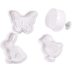 Emporte-Pi&egrave;ces avec Tampon, oeuf de P&acirc;ques, poussin, papillon, H : 5 cm, blanc, 4 pi&egrave;ces/ 1 Pq.