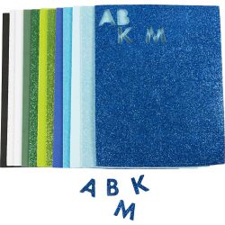 Feuilles de mousse, dim. 14x25 cm, &eacute;p. 2 mm, harmonie bleu/vert, 12 flles/ 1 Pq.