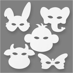 Masques d'animaux, H : 13-24 cm, L : 20-28 cm, 230 gr, blanc, 16 pi&egrave;ces/ 1 Pq.