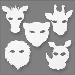 Masques d'animaux de la jungle, H : 22,5-25 cm, L : 20,5-22,5 cm, 230 gr, blanc, 16 pi&egrave;ces/ 1 Pq.