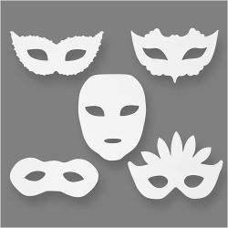 Masques de th&eacute;&acirc;tre, H : 8,5-19 cm, L : 15-20,5 cm, 230 gr, blanc, 16 pi&egrave;ces/ 1 Pq.