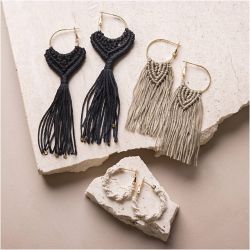 Mini Kit DIY Macram&eacute;, Boucles d&rsquo;oreilles, noir, brun olive, sable, 1 Pq.