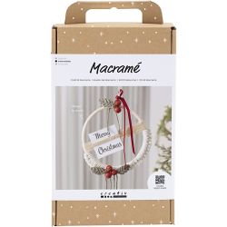 Kit DIY Macram&eacute;, Couronne de No&euml;l, vert mousse, rouge cerise, blanc cass&eacute;, 1 Pq.