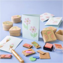 Mini Kit DIY Impression Tampon, Bo&icirc;tes et cartes d&eacute;cor&eacute;es, beige, vert moyen, mint, rouge vif, 1 Pq.