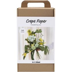 Maxi Kit DIY Papier Cr&eacute;pon, Bouquet de fleurs, vert clair, vert fonc&eacute;, vert pastel, blanc, 1 Pq.