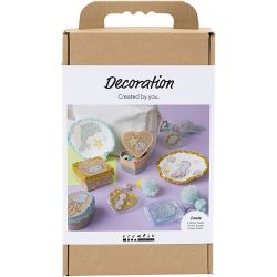 Kit DIY D&eacute;coration, Bo&icirc;tes, coques, porte-cl&eacute;s, couleurs pastel, 1 Pq.